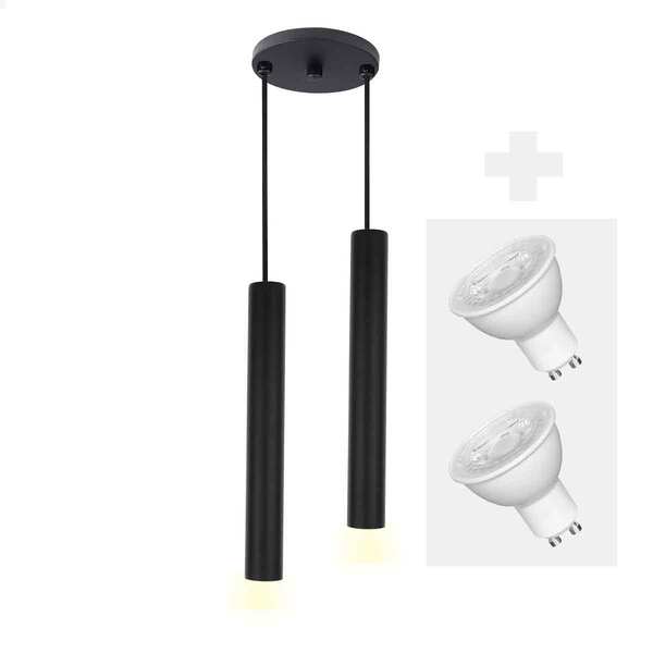 Pendente Duplo Tubo Palito Moderno 30cm Preto + Led 4w