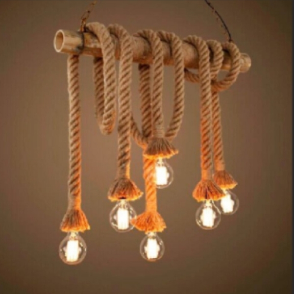 Pendente Estilo Rústico Bambu E Cordas P/ 6 Lâmpadas