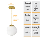 Pendente Globo Esfera De Vidro Branco Fosco 20cm - Ouro