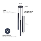 Pendente Luminária Tubo Preto 40 Cm Triplo + Led Branco Quente