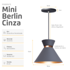 Pendente Lustre Luminária Berlin 15cm Cinza