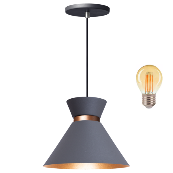 Pendente Lustre Luminária Berlin 15cm Cinza + Led Retrô Vinta