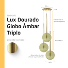 Pendente Lux Triplo Dourado Globo Vidro Âmbar + Led