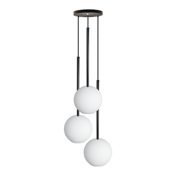 Pendente Lux Triplo Preto Globo Vidro Branco Fosco + Led