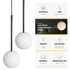 Pendente Lux Triplo Preto Globo Vidro Branco Fosco + Led