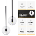 Pendente Lux Triplo Preto Globo Vidro Cristal + Led