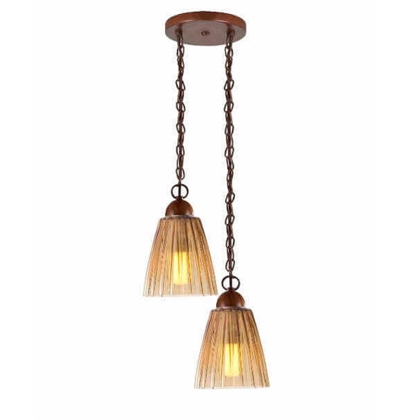 Pendente Madeira Imbuia 2 Cupulas Vidro Ambar Florença 2235