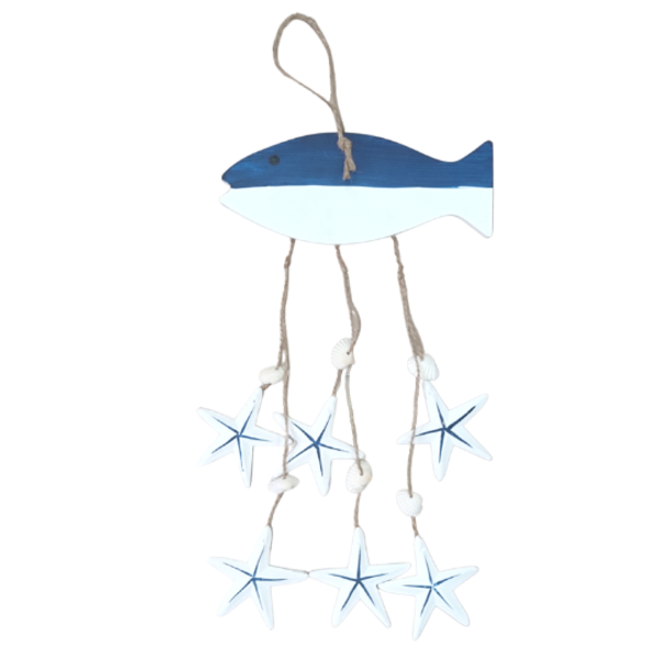 Pendente Náutico Peixe e Estrelas do Mar de Madeira Decoração