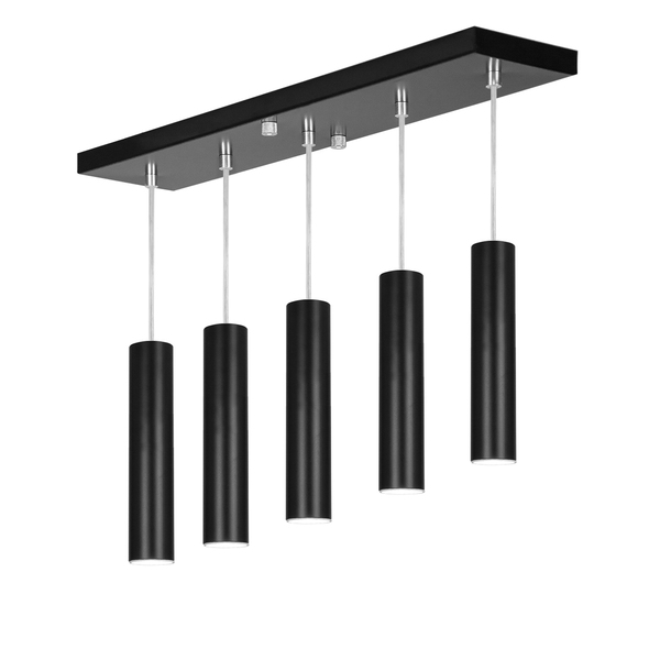 Pendente Quintuplo Tubo Cilindro Preto 30cm + Led 3k