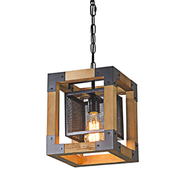 Pendente Rústico Cubo De Madeira 1e27 20cm La0025 Delis