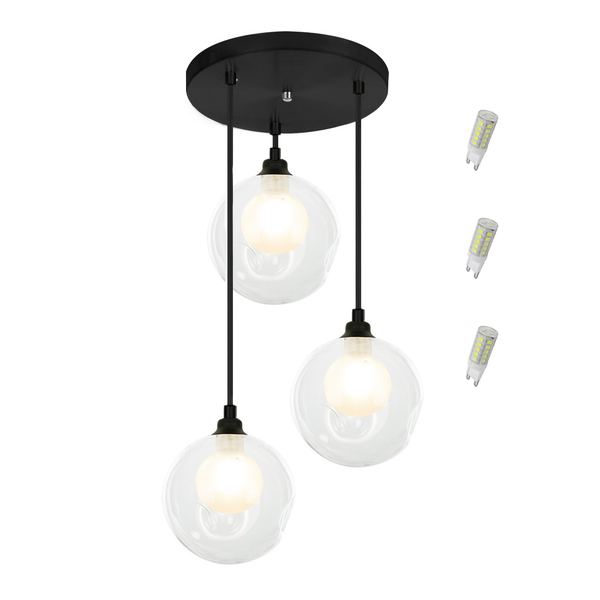 Pendente Triplo Harmony Bolinha Preto + Lampada G9 6000k