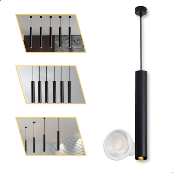 Pendente Tubo Cilíndrico Preto 40cm Completo + Lâmpada Gu10