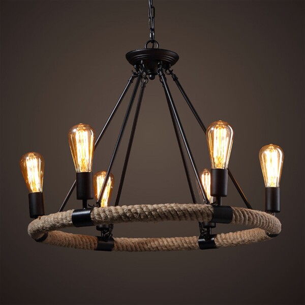 Pendente Víntage Metal C/ Corda Alena Preto P/ 6 Lâmp E27 Tam