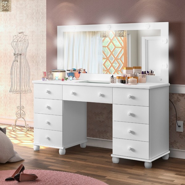 Penteadeira 9 Gavetas Branco Com Led E Espelho Com Banqueta