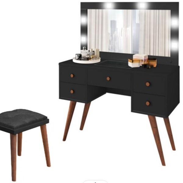 Penteadeira Acompanha Banqueta Retro Com 05 Gavetas Preto Ari