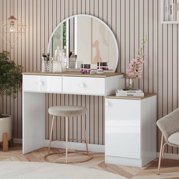 Penteadeira Agnes 2 Gavetas Espelho Circular E Puxadores Em A