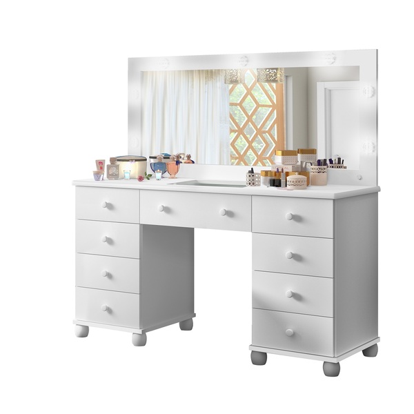 Penteadeira Branca Camarim 09 Gavetas Sem Banqueta Com Leds