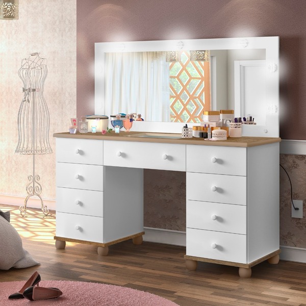 Penteadeira Camarim 9 Gavetas Branco  Com Amêndoa Espelho Led