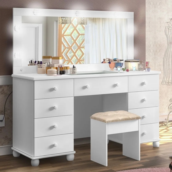 Penteadeira Camarim 9 Gavetas Led E Banqueta