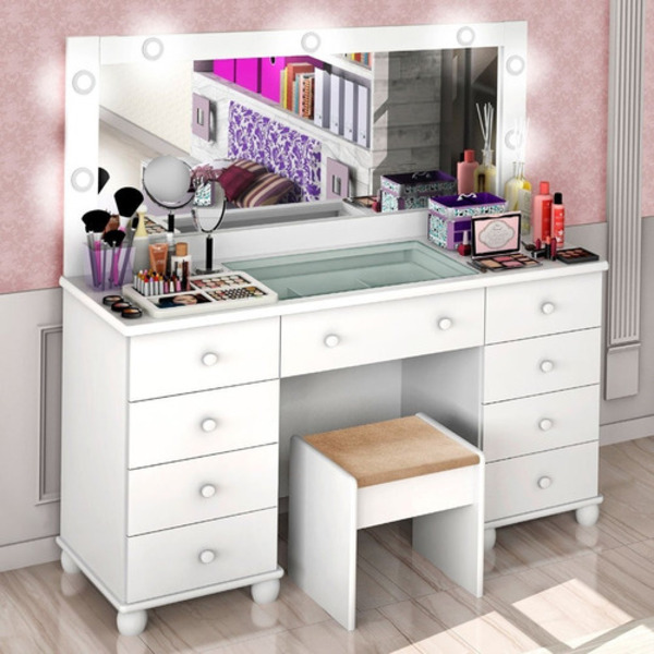 Penteadeira Camarim 9 Gavetas Luxo Com Leds + Banqueta Luxo B