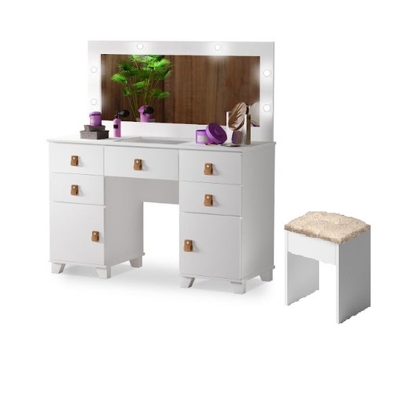 Penteadeira Camarim + Espelho Led C/ Banqueta Branco Madri