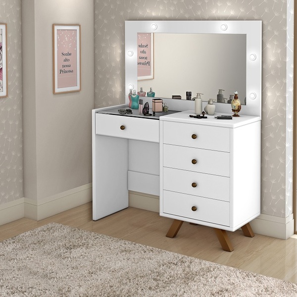 Penteadeira Camarim Branca Com 5 Gavetas + Led Bivolt + Espel