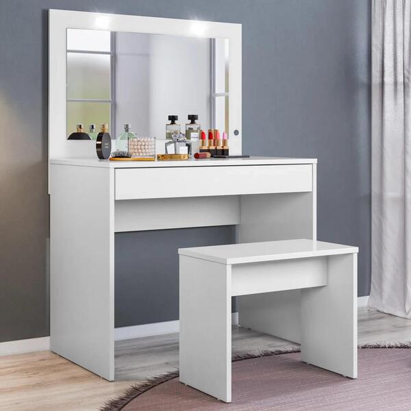 Penteadeira Camarim Com Espelho 2 Portas 3 Gavetas E Banqueta