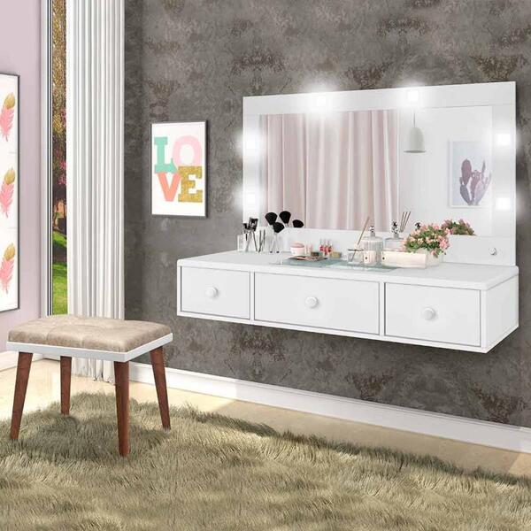 Penteadeira Camarim Com Espelho E Led Suspensa Com Banqueta T