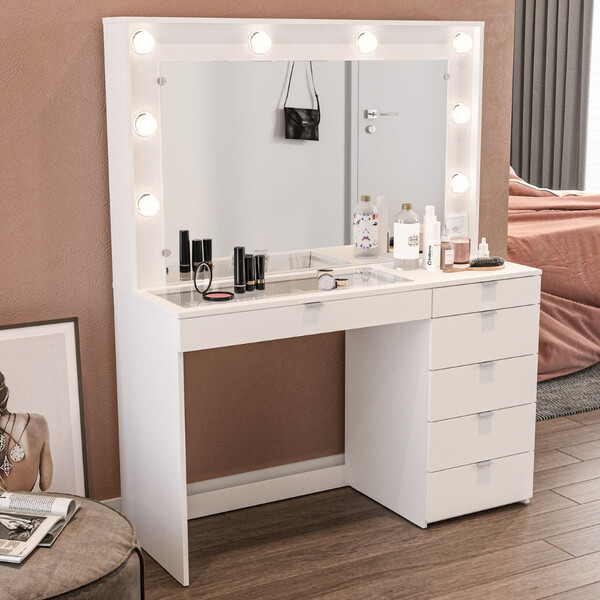 Penteadeira Camarim com Espelho e Visor de Vidro 6 Gavetas Na