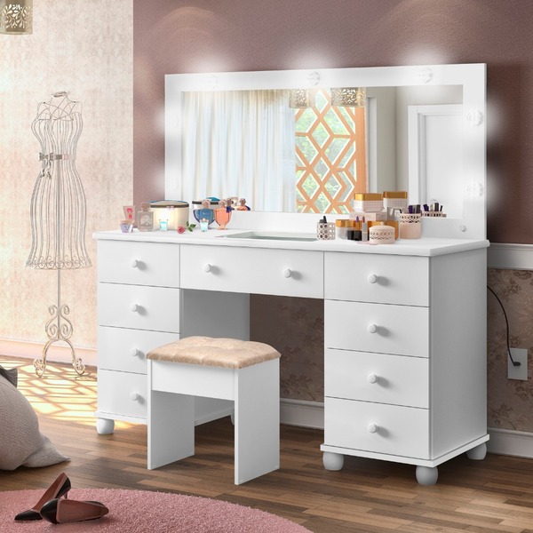 Penteadeira Camarim Com Led 9 Gavetas + Banqueta Branco