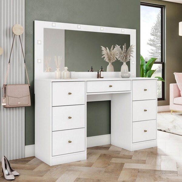 Penteadeira Camarim Glamour 7 Gavetas Com Espelho Branco - He