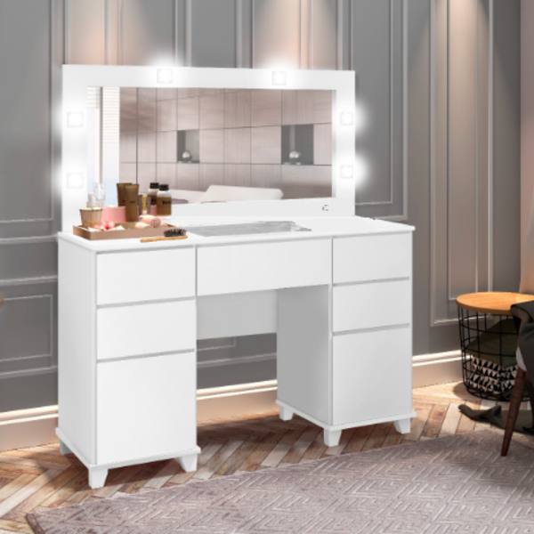 Penteadeira Camarim Led Espelho Moderno Clean Branco Mdf