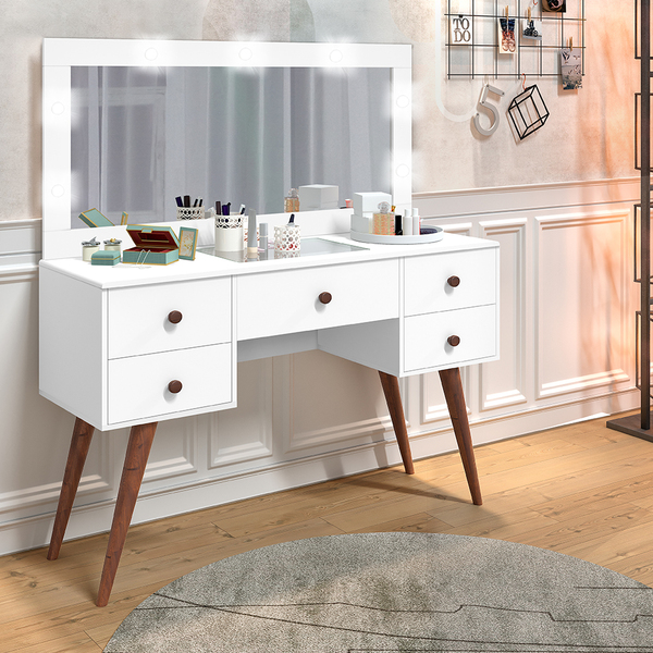 Penteadeira Camarim Retrô Com Espelho, Led, 4 Gavetas E Porta