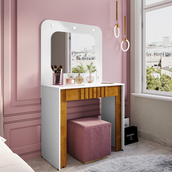 Penteadeira Camarim Ripada Com Espelho E Led 1 Gaveta Rouge B