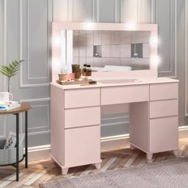 Penteadeira Camarim Rose Moderno Rose Espelho E Led  Mdf