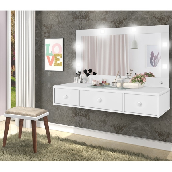 Penteadeira Camarim Suspensa Savi Led 3 Gavetas Com Banqueta