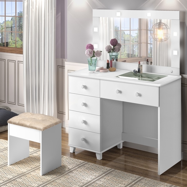 Penteadeira Clean Camarim Led Sônia Branco Acetinado Com Banq