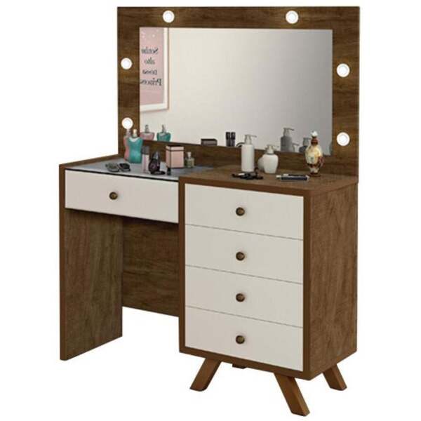 Penteadeira Com Espelho 5 Gavetas Pés Em Madeira Malbec Off W