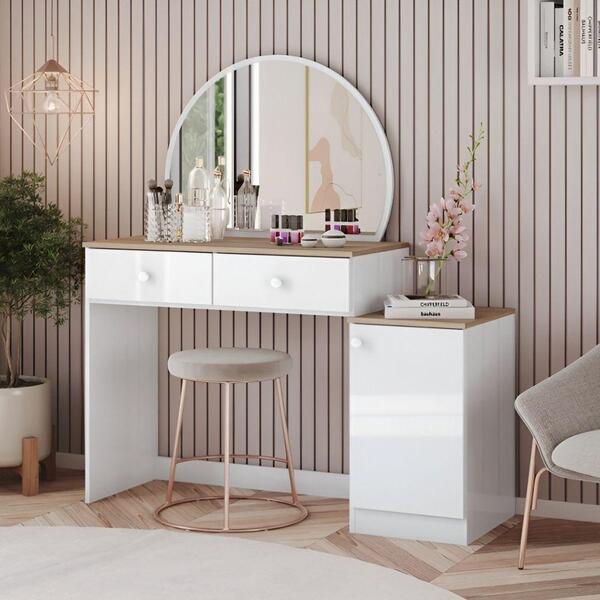 Penteadeira Com Espelho Circular 2 Gavetas E Porta Agnes Bran