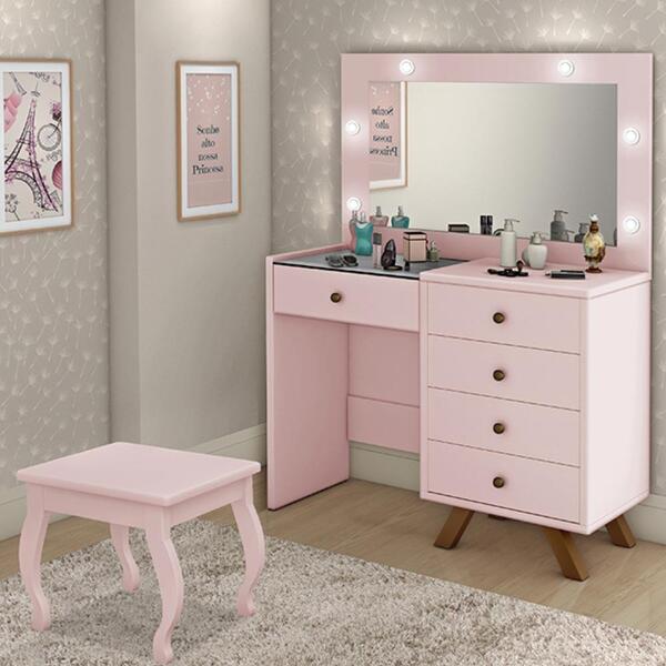 Penteadeira Com Espelho E Banqueta 5 Gavetas Pés Em Madeira R