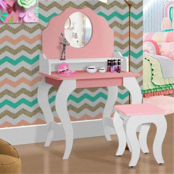 Penteadeira Com Espelho E Banqueta Infantil Sophia Branco Rosa