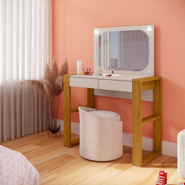 Penteadeira Com Espelho E Led Cristal Carvalho Oro / Off White