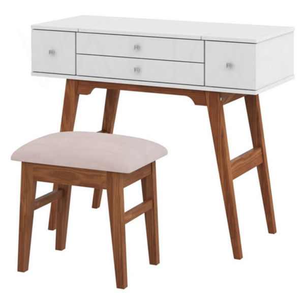 Penteadeira Escrivaninha 3 Gavetas Espelho Madeira Com Puff A