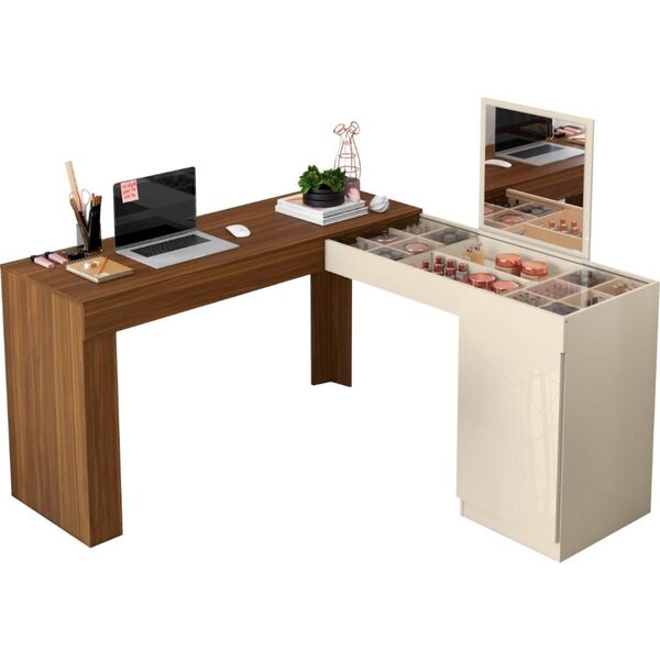 Penteadeira Escrivaninha Canto Espelho Ema  Freijó Off White