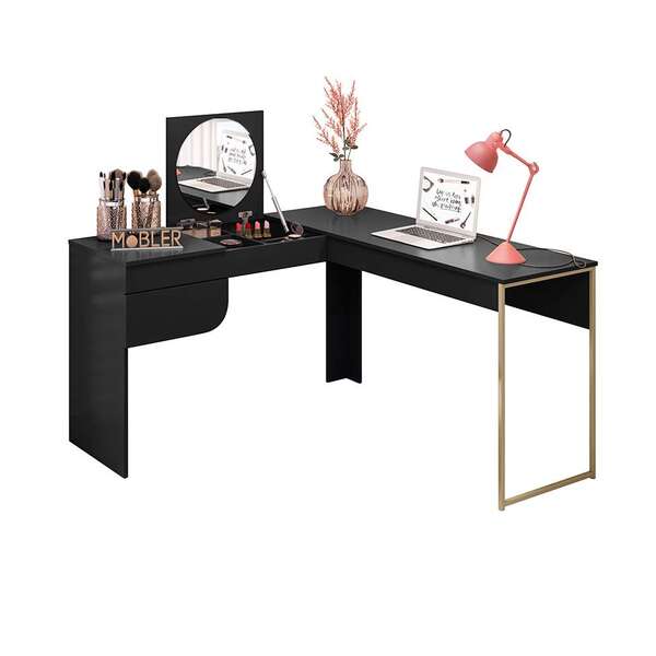 Penteadeira/escrivaninha De Canto Luna C/espelho - Preto Fos