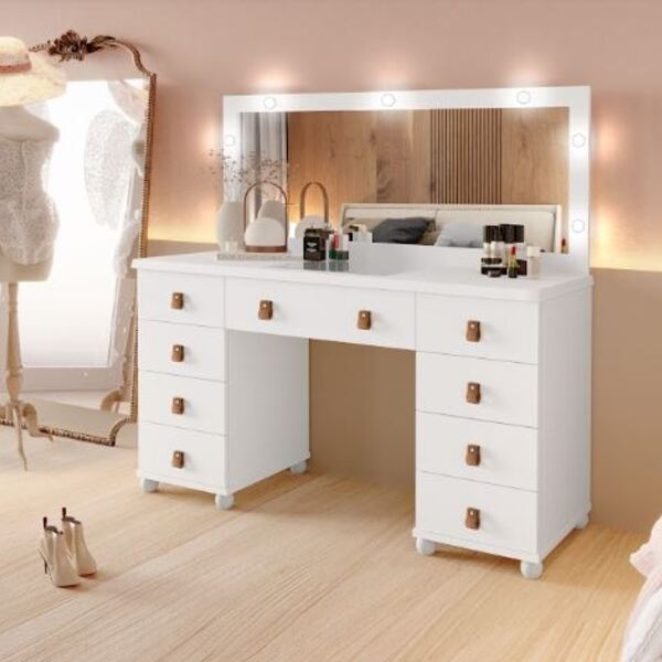 Penteadeira Exclusiva Branca Para Maquiagem Espaçosa - Eloa