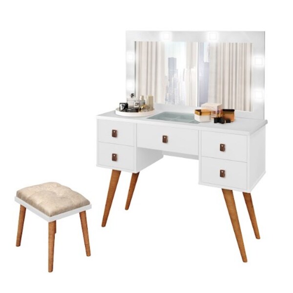 Penteadeira Genebra Com Banqueta 05 Gavetas Led Branca