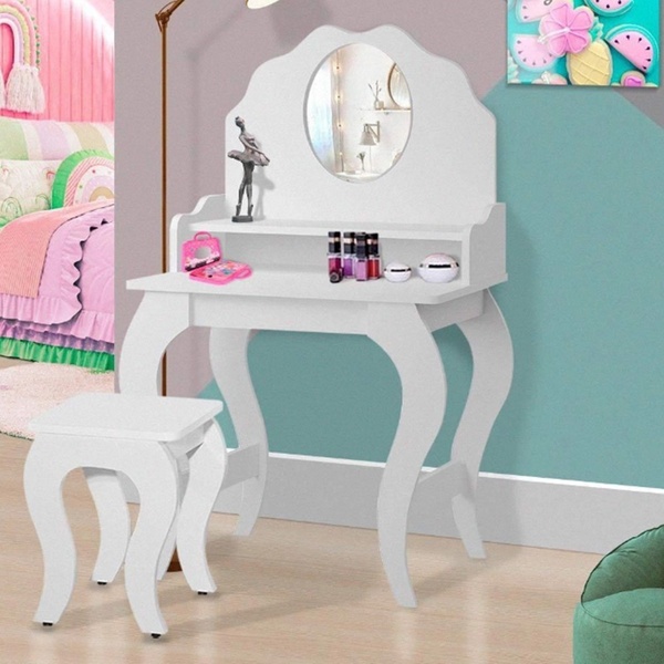 Penteadeira Infantil Com Espelho Banqueta Mdf Branco