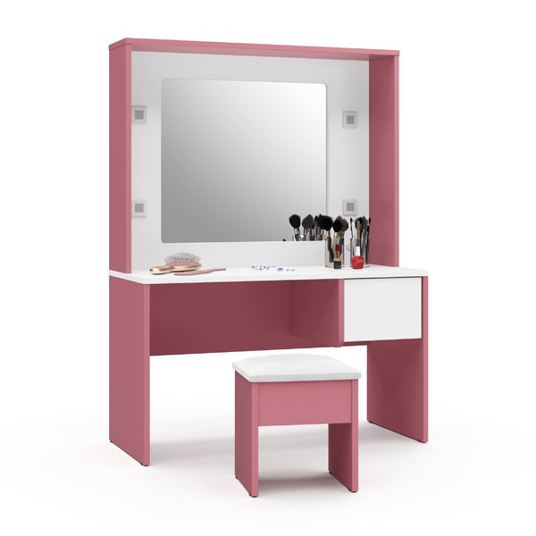 Penteadeira Infantil Diana Led Banqueta Rosa Branca Ofertamo