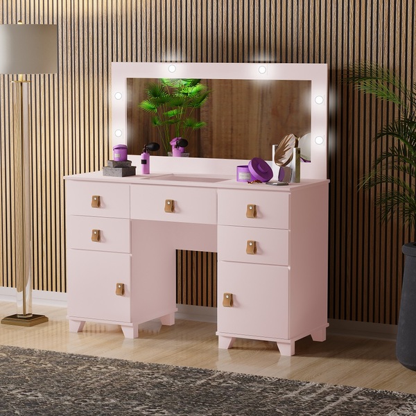 Penteadeira Madri Rosa 05 Gavetas E 2 Portas Com Puxadores